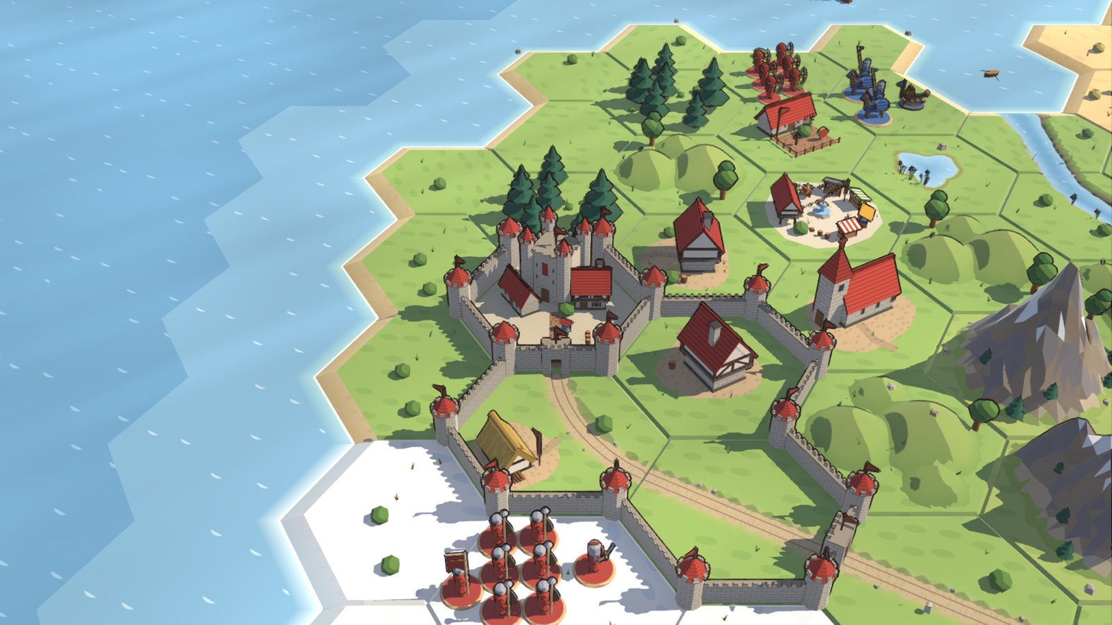 A walled kingdom on a hex coast: a castle, town houses, a market, pine woods and hills, red and blue armies.