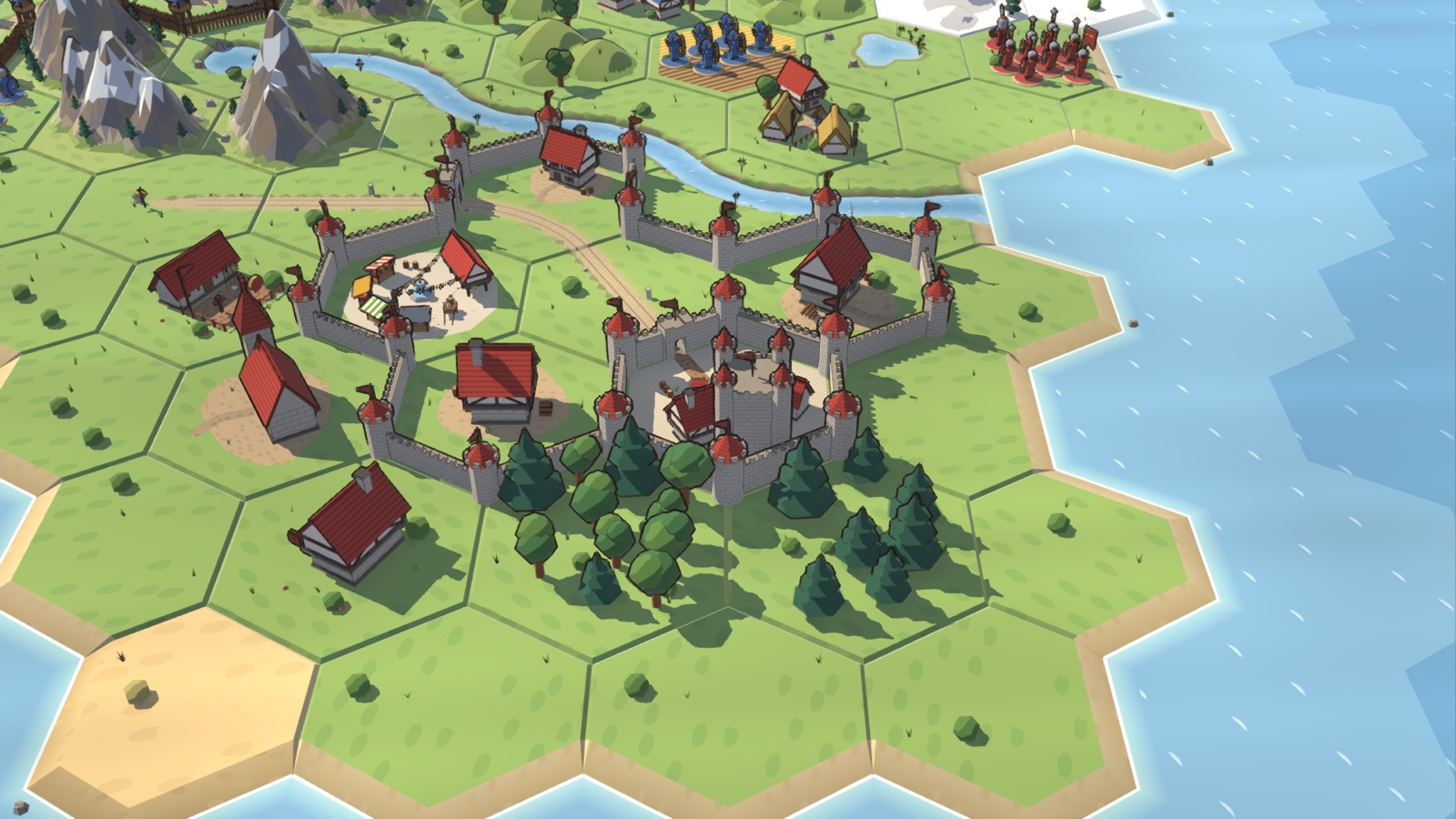 A walled town closing on its castle across several tiles.