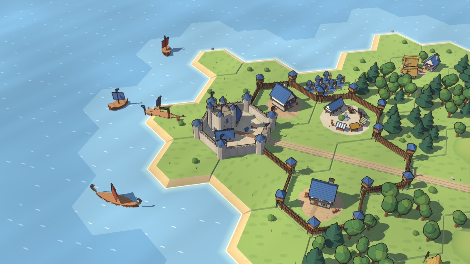 The blue kingdom's walled town by the sea, with a harbour and ships.
