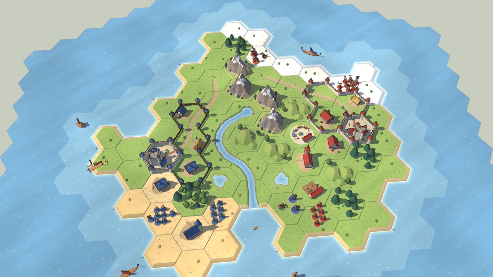 A whole island from the demo: coasts, a river, roads, snowy north and dry south.