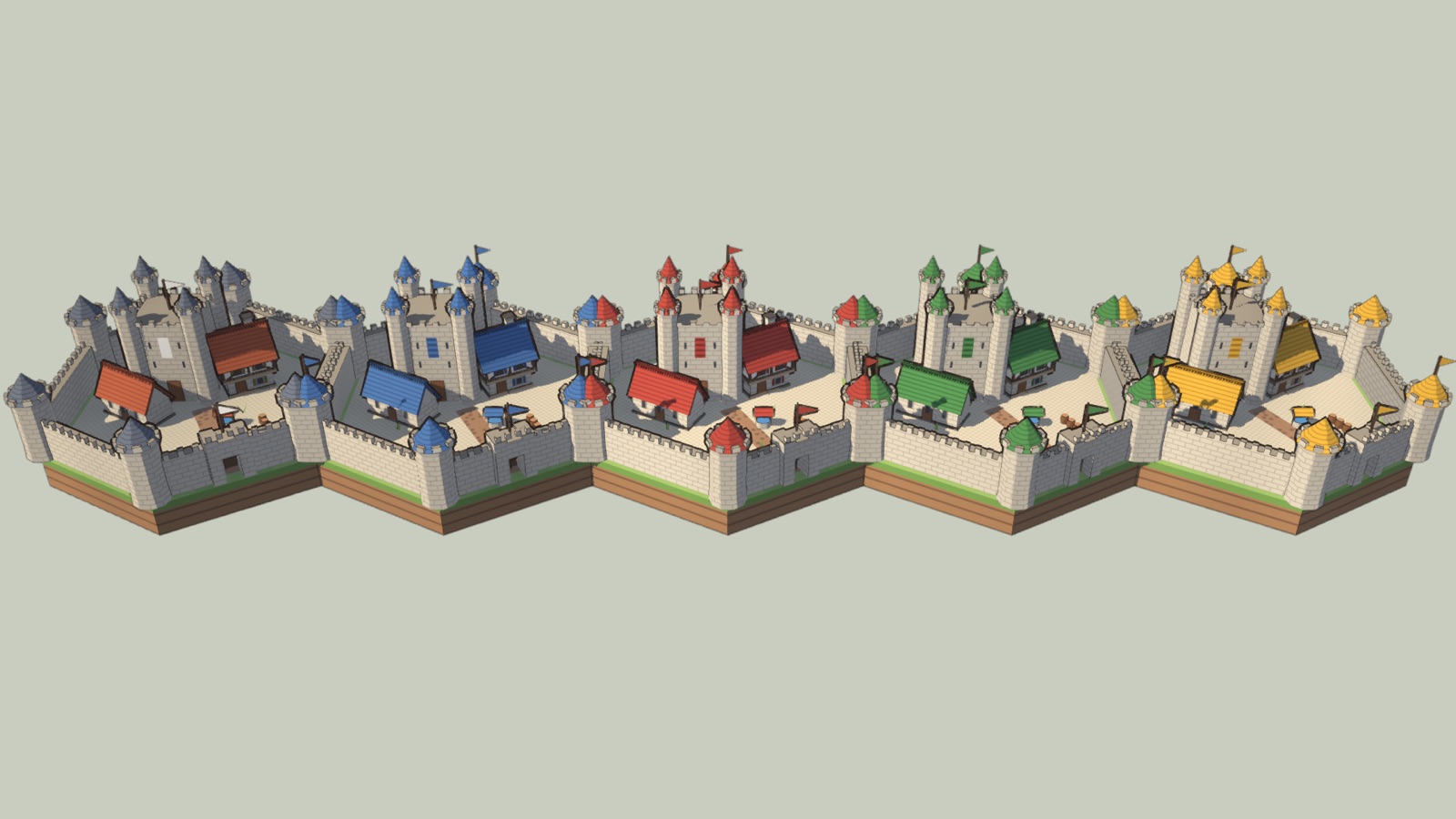 The castle in five team colours, side by side.