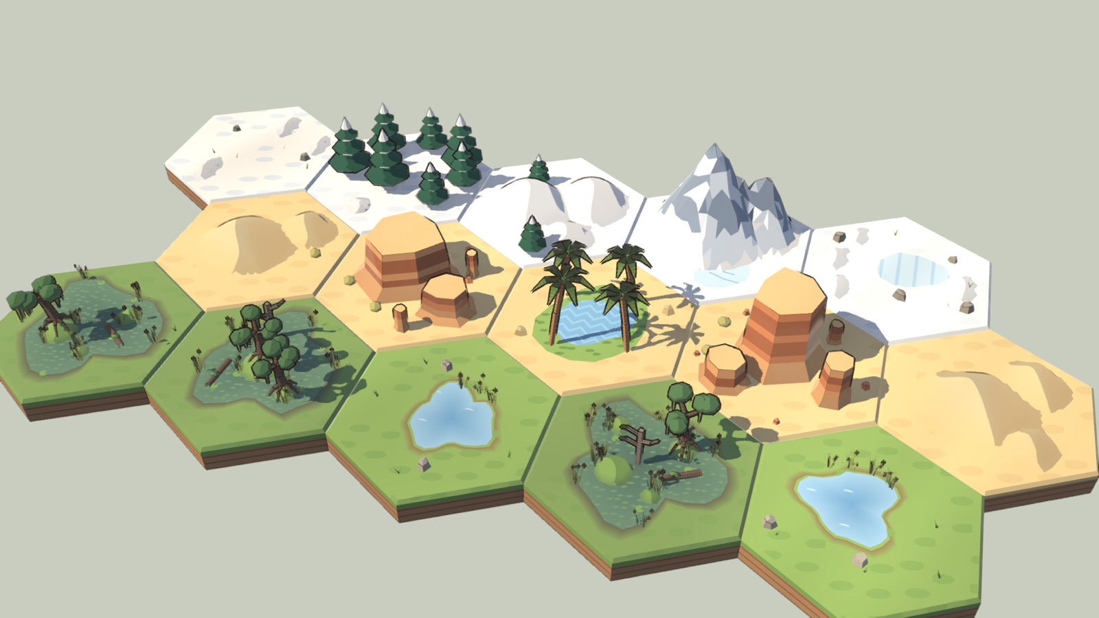 Snow, firs and a mountain, desert dunes and red rock, an oasis, swamps and ponds.