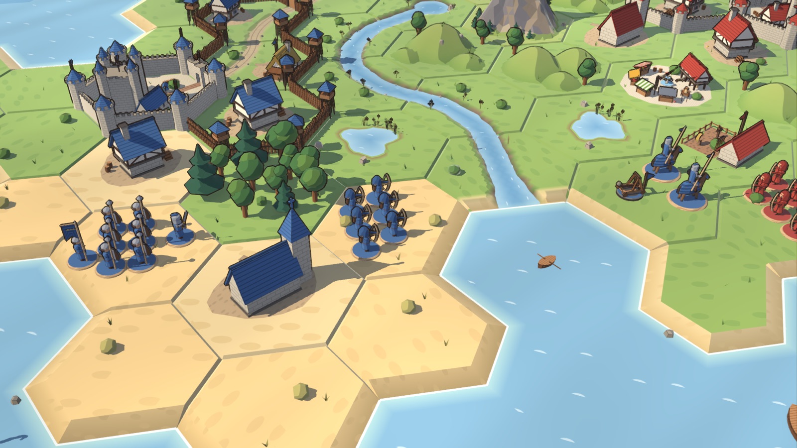 Two armies facing each other across a river, by a chapel and a town.